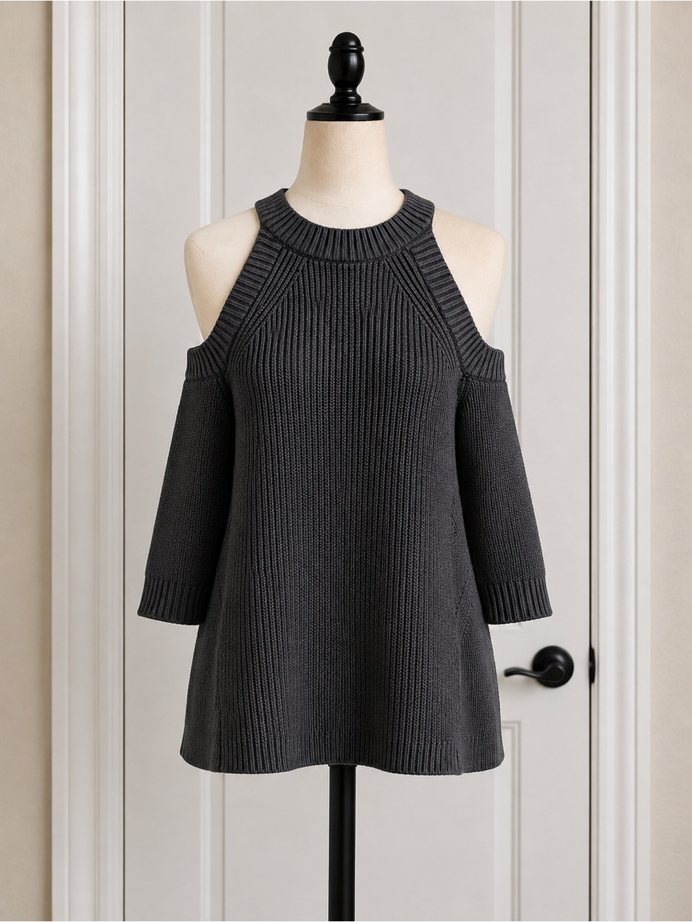 rag & bone Charcoal Cold-Shoulder Ribbed Sweater